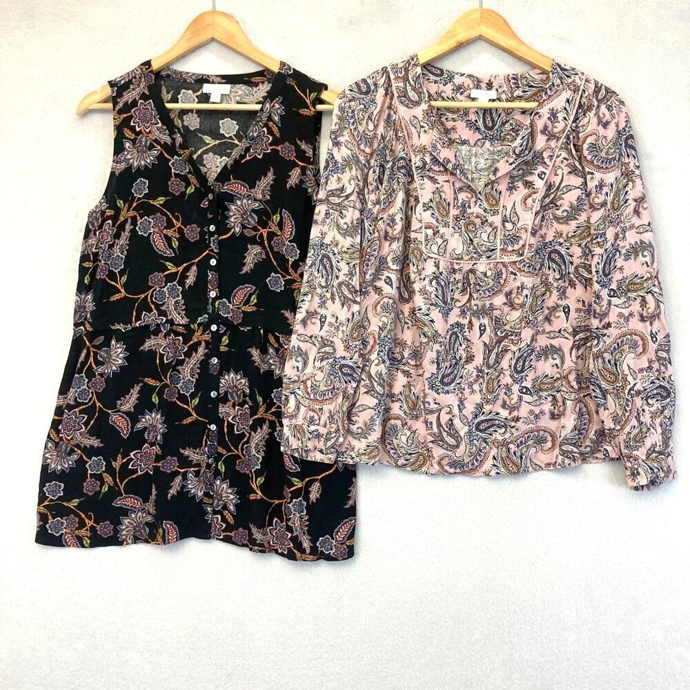 Lot of 2 J. Jill Small Floral Tops - Long Sleeve Blouse, Sleeveless Tunic - Boho